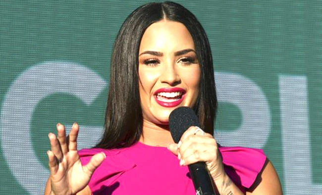 Demi Lovato speaks at the Global Citizen Festival in Central Park, in New York. (AP)