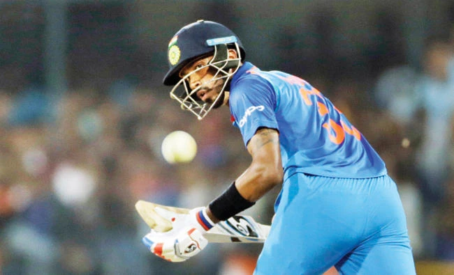 India’s Hardik Pandya bats during the third One-Day International cricket match between India and Australia in Indore Sunday. (AP)