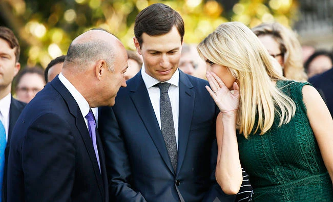 White House senior adviser Ivanka Trump talks with husband and fellow senior adviser Jared Kushner (C), and White House Chief Economic Adviser Gary Cohn prior to a moment of silence in remembrance of those lost in the September 11 attacks on the United States, at the White House in Washington, U.S., in this September 11, 2017 photo. (REUTERS)