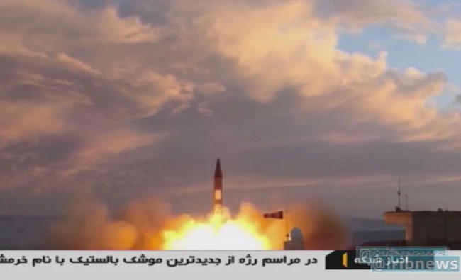 A TV grab taken on September 23, 2017 from the Iranian Republic Islamic Broadcasting (IRIB) shows a Khoramshahr missile being launched from an undisclosed location, a day after the said missile was first displayed at a high-profile military parade in the capital Tehran. (AFP / IRIB TV / Handout)