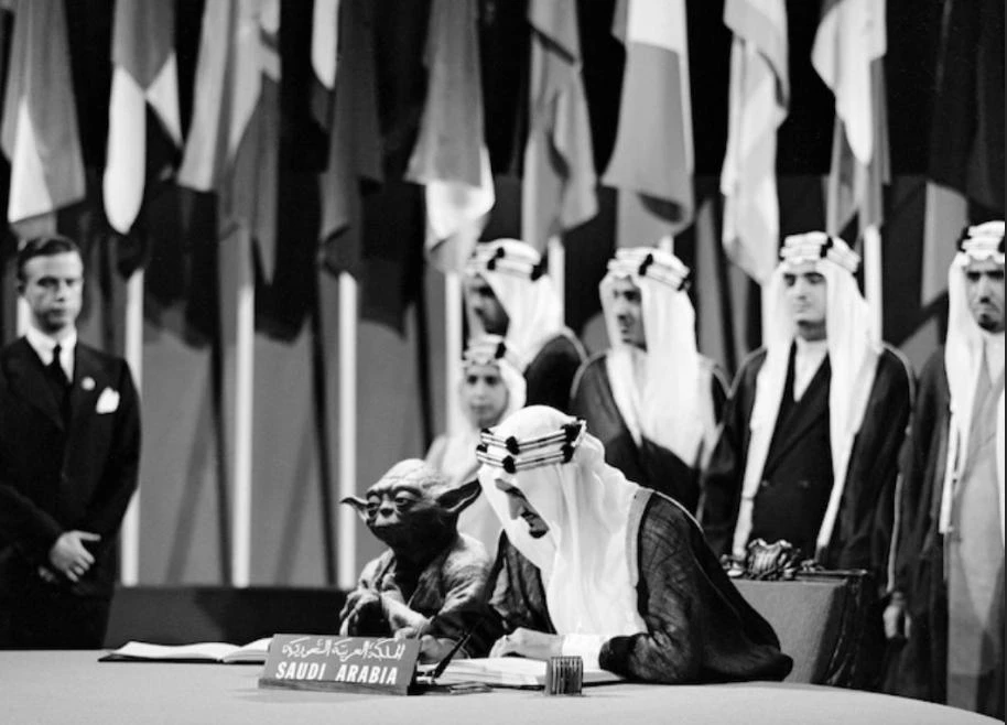 The viral photoshopped photo of King Faisal, Star Wars character Yoda signing UN charter in 1945. (Photo courtesy: social media)