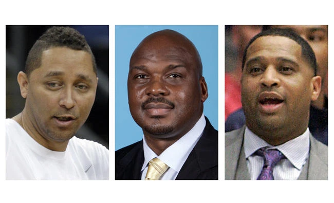 These file photos show, assistant basketball coaches Tony Bland, left, Chuck Person, center, and Lamont Richardson. The three, along with assistant coach Lamont Evans of Oklahoma State, were identified in court papers and are among 10 people facing federal charges in Manhattan federal court on Tuesday, Sept. 26, 2017, in a wide probe of fraud and corruption in the NCAA, authorities said. (AP Photo/File)