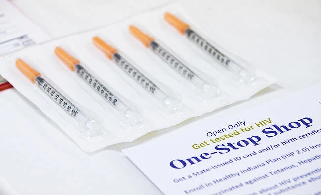 In this April 21, 2015 file photo, new needles which clients can get as part of the needle exchange program at the Austin Community Outreach Center are displayed in Austin, Ind. (AP)