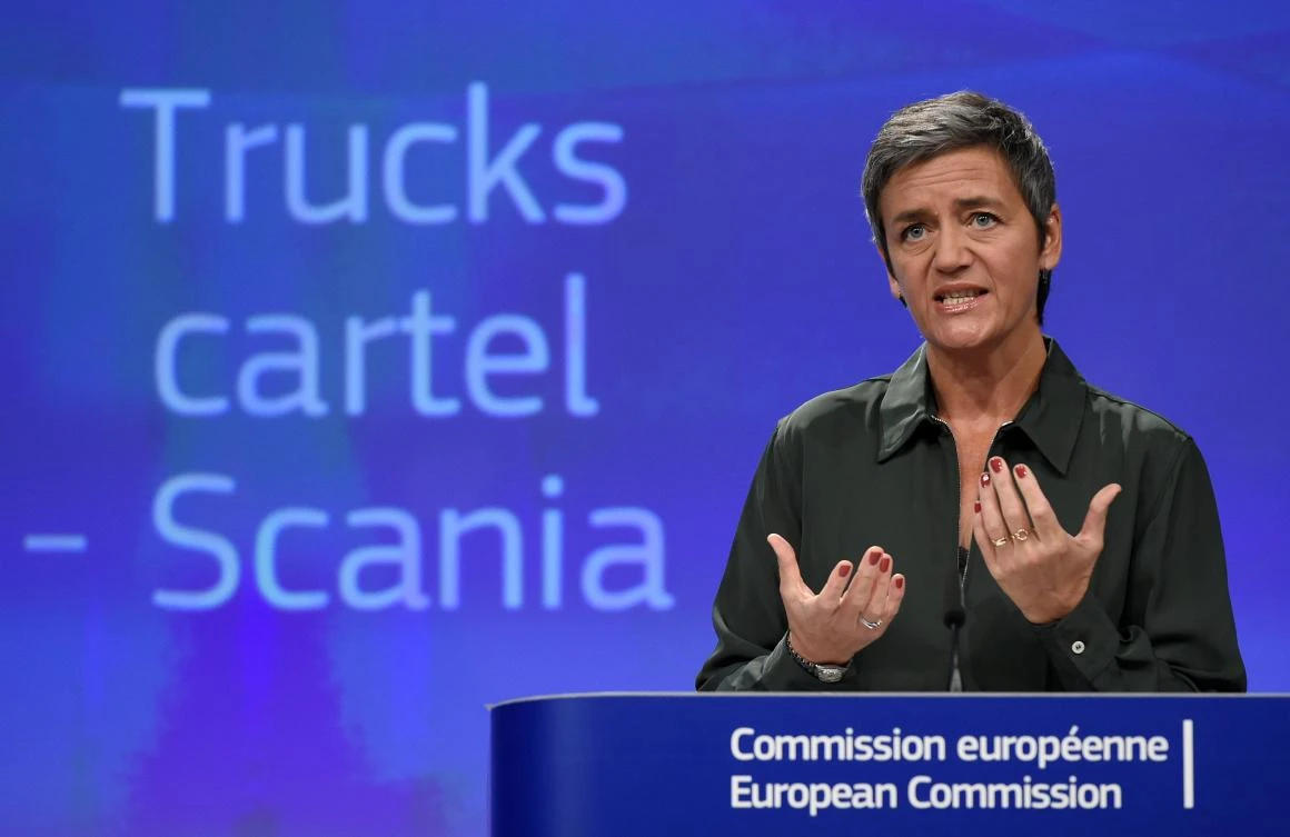 Commissioner of Competition Margrethe Vestager announces the €880 million fine on Scania during a press conference at the EU headquarters in Brussels. (AFP)