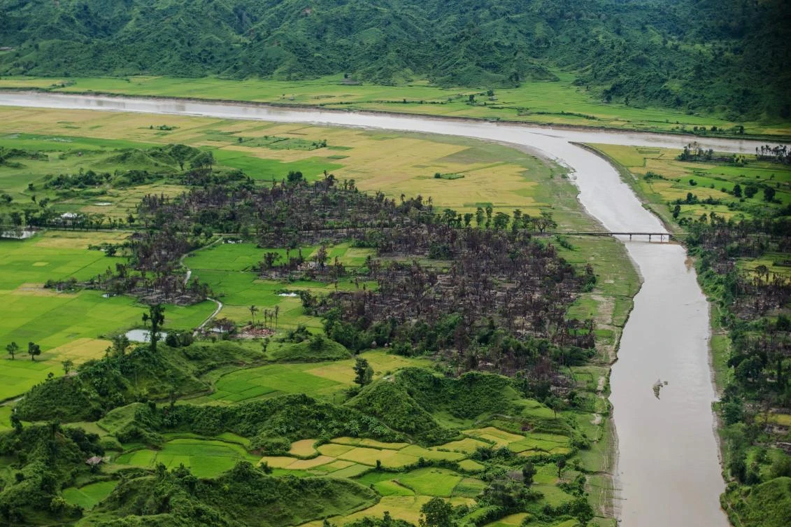Burned villages are seen from the air near Maungdaw, north of Myanmar’s Rakhine state on September 27, 2017. (AFP)