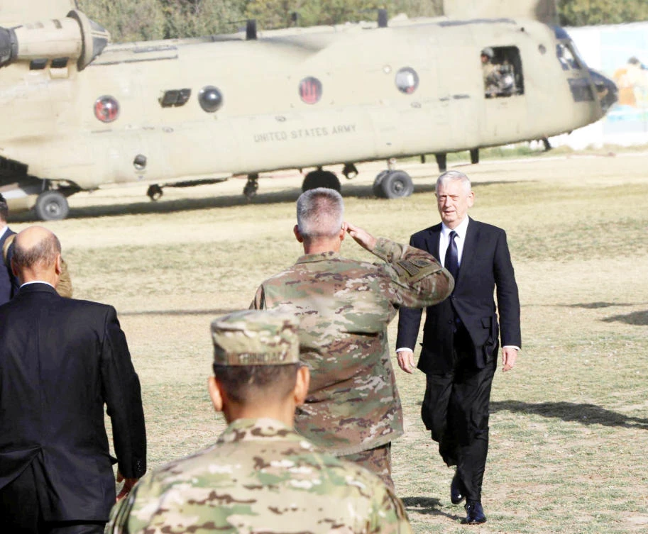 US Defense Secretary James Mattis arrives at Resolute Support Mission headquarters in Kabul, Afghanistan on Wednesday. (Reuters)