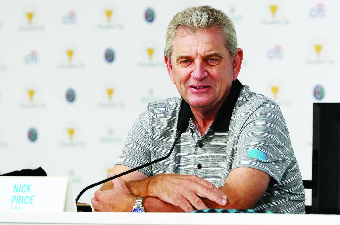 Captain Nick Price of the Presidents Cup International team speaks to the media during a press conference prior to the Presidents Cup on Tuesday at Liberty National Golf Club in Jersey City, New Jersey. (AFP)