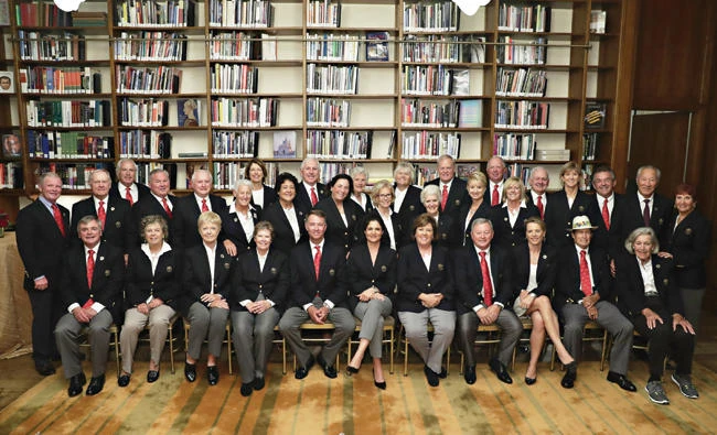 World Golf Hall of Fame inductees past and present pose for a Class of 2017 photo at the 2017 World Golf Hall of Fame induction ceremony on Tuesday in New York City. (AFP)