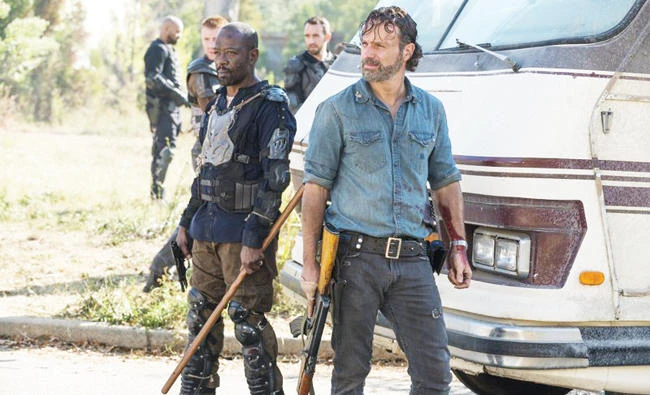 Lennie James portrays Morgan Jones, left, and Andrew Lincoln portrays Rick Grimes in a scene from ‘The Walking Dead.’ The eighth season premieres on Oct. 22. (AP)