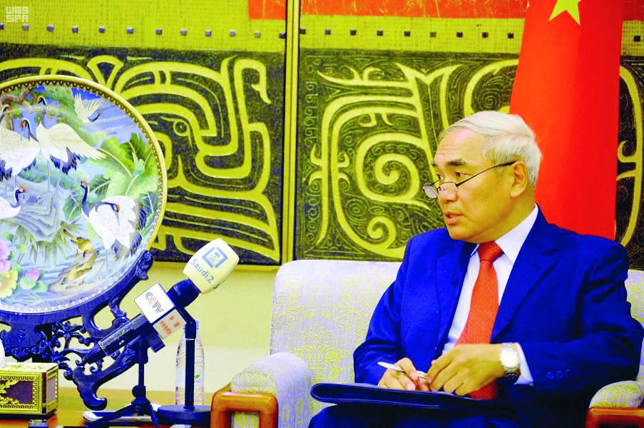 China’s special envoy to Syria, Xie Xiaoyan, speaks to the media during a brief press conference in Riyadh on Wednesday. (SPA)