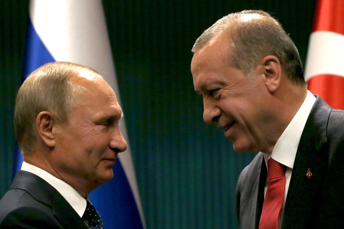 Turkey’s President Recep Tayyip Erdogan with Russian President Vladimir Putin in Ankara on Thursday. (AP)