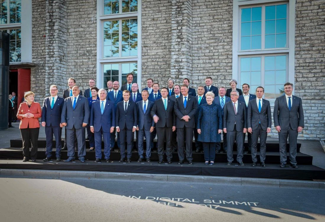 Participants of a EU Summit pose for a family photo in Tallinn, Estonia, on Friday. (AFP)