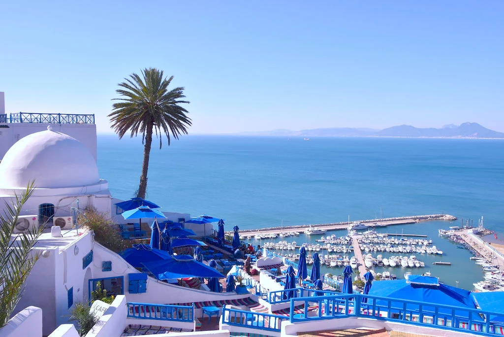 Sidi Bou Said, an artistry spot located on top of a steep cliff overlooking
the Mediterranean Sea.