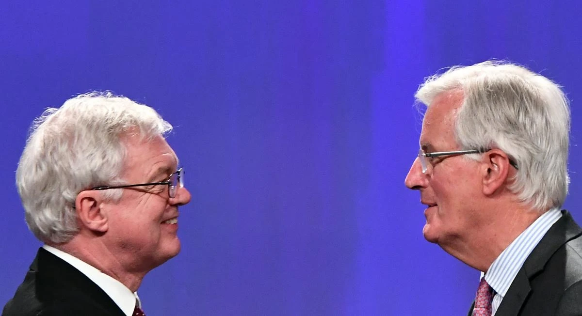 The UK’s Brexit minister David Davis, left, and EU’s chief negotiator Michel Barnier during the fourth round of Brexit talks. (AFP)