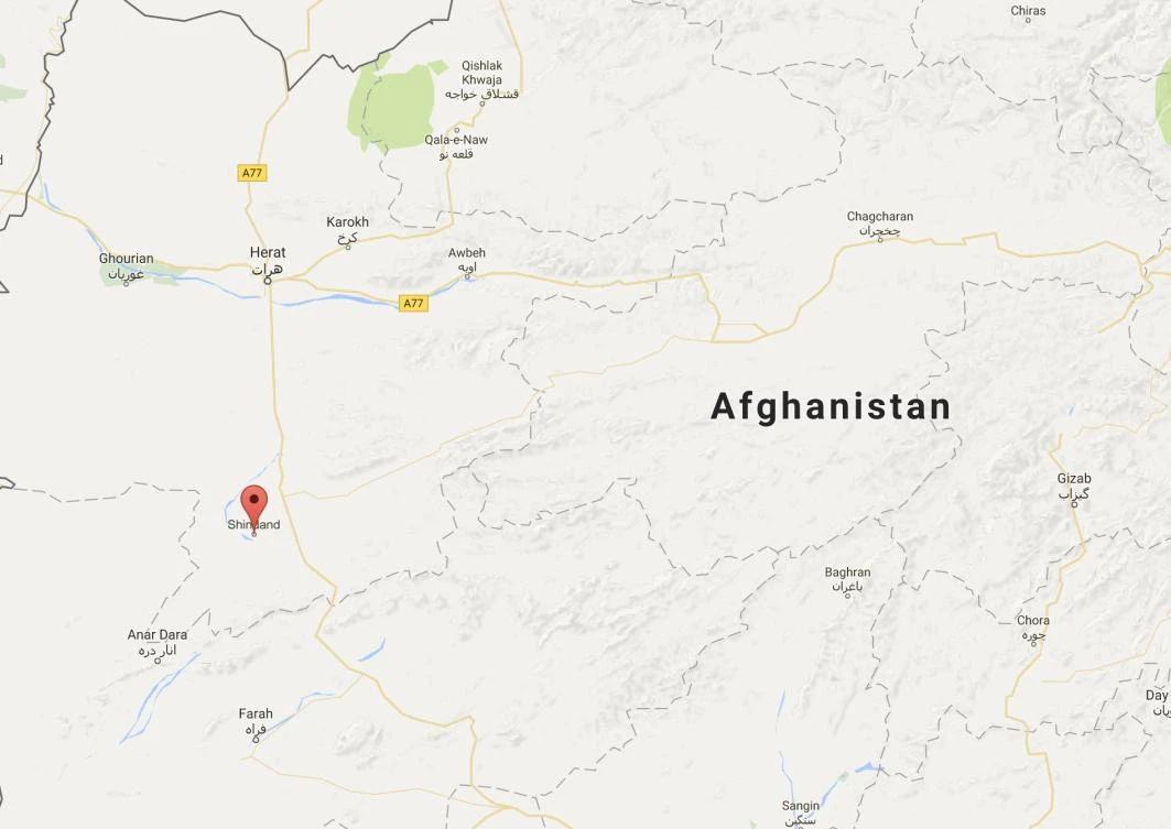 A civilian motorcycle hit a roadside bomb, killing one civilian and wounding another in the Shindand district. (Google Maps)