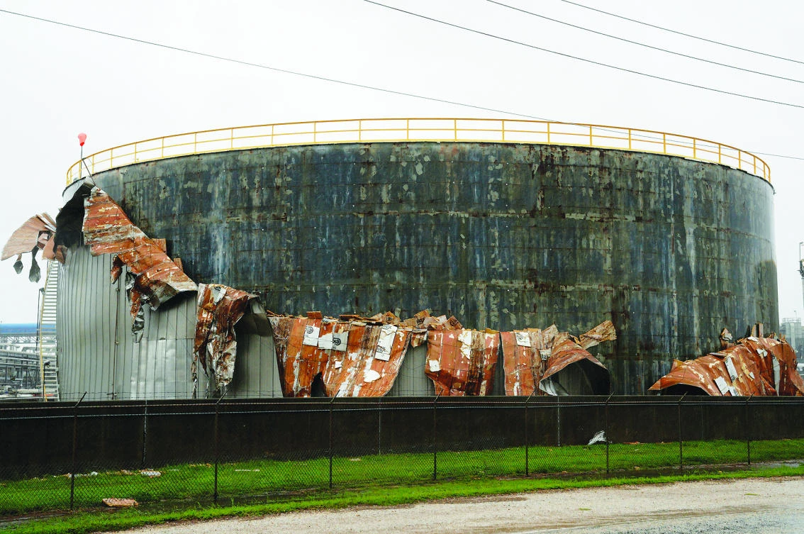 An oil tank damaged by Tropical Storm Harvey is seen near Seadrift, Texas, on Saturday. (Reuters)