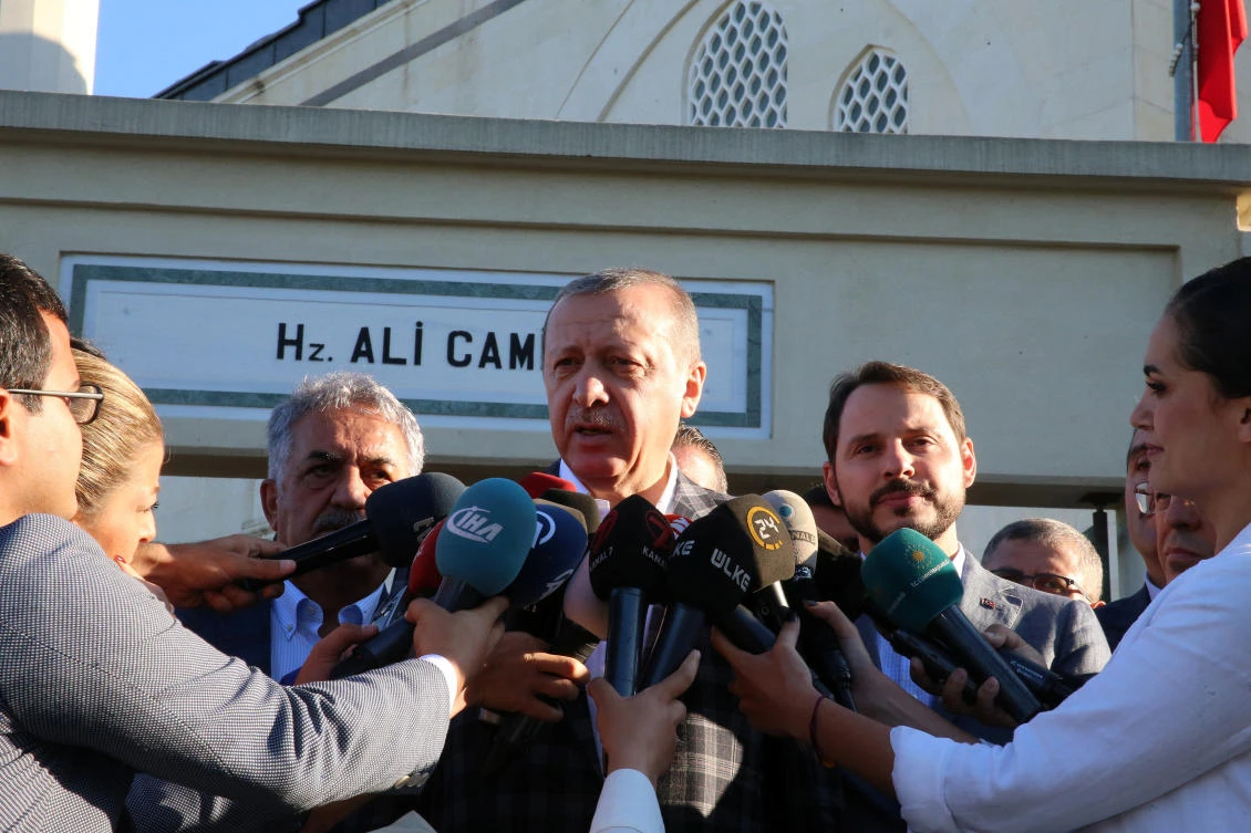 Turkish President Tayyip Erdogan talks to media after prayers for the Muslim Eid Al-Adha celebration in Istanbul, Turkey, on September 1, 2017. (Murat Cetinmuhurdar/Presidential Palace/Handout via Reuters)