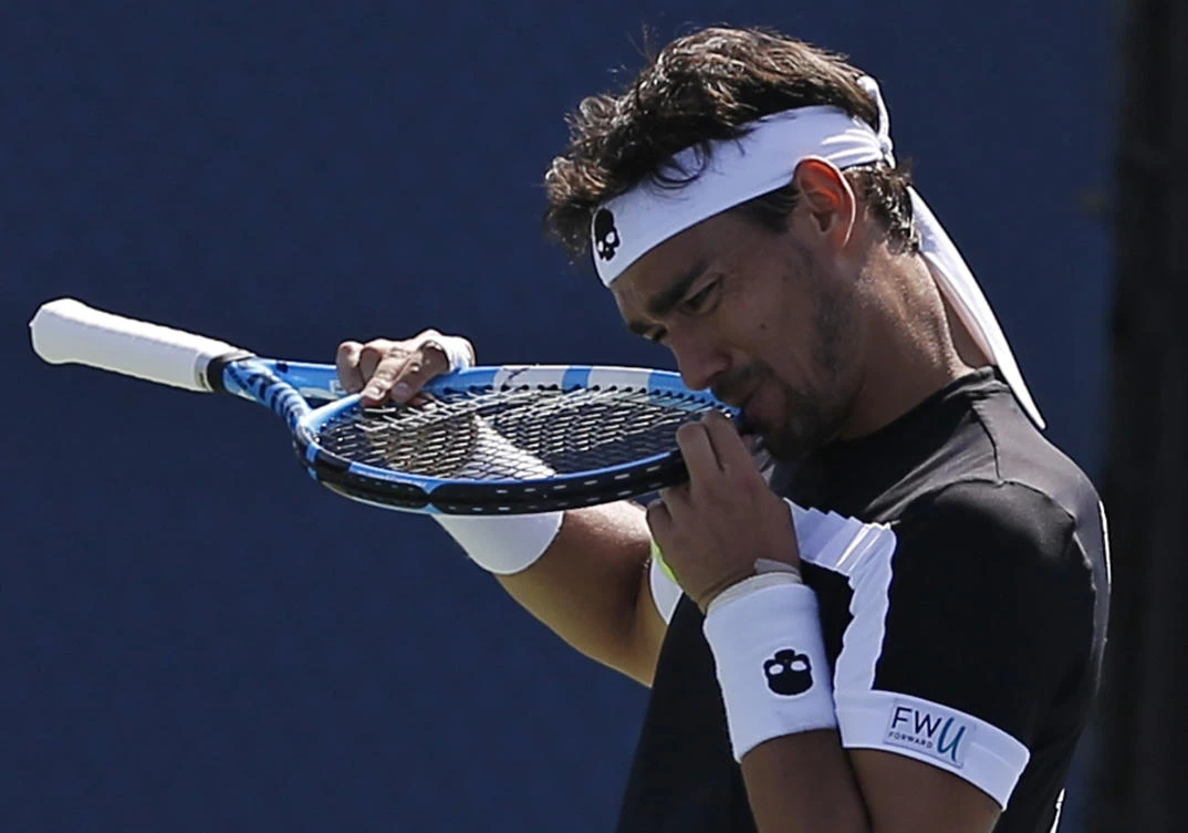 Fabio Fognini, of Italy, reacts after losing a point to Stefano Travaglia, of Italy, during the first round of the US Open tennis tournament on Aug. 30, 2017, in New York. (AP Photo/Michael Noble)