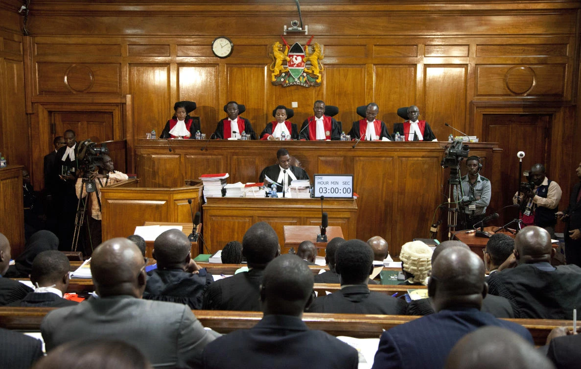 Kenyan Supreme Court judges, from left to right, Njoki Ndung'u, Jackton Ojwang, Deputy Chief Justice Philomela Mwilu, Chief Justice David Maraga, Smokin Wanjala and Isaac Lenaola preside over the second day of hearings of a petition challenging the presidential election result, at the Supreme Court in Nairobi, Kenya Tuesday, Aug. 29, 2017. Kenya's Supreme Court is hearing veteran opposition leader Raila Odinga's challenge to President Uhuru Kenyatta's re-election earlier this month. (AP)