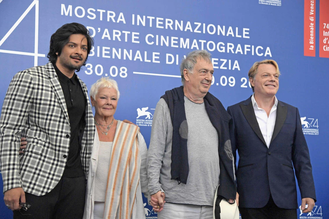 Actor Ali Fazal, from left, actress Judi Dench, director Stephen Frears and actor Eddie Izzard attend the photocall of the movie “Victoria and Abdul” at the 74th Venice Film Festival, at Venice Lido, on September 3, 2017. (AFP)