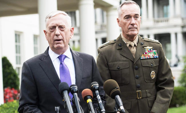 Secretary of Defense James Mattis (L) makes a statement outside the West Wing of the White House in response to North Korea's latest nuclear testing, as Chairman of the Joint Chiefs of Staff Gen. Joseph Dunford listens, in Washington, U.S., on Sunday. (REUTERS)
