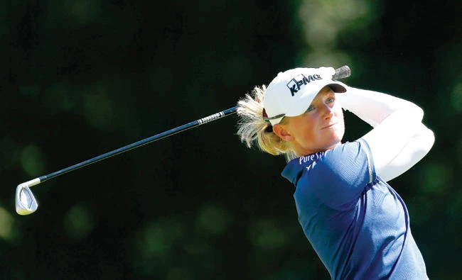 Stacy Lewis tees off on the 2nd hole during the third round of the LPGA Cambia Portland Classic at Columbia Edgewater Country Club on Saturday in Portland, Oregon. (AFP)