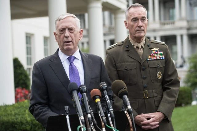 US Defense Secretary James Mattis (L) speaks to the press with Gen. Joseph Dunford, chairman of the Joint Chiefs of Staff, about the situation in North Korea at the White House in Washington, DC, on Sept 3, 2017. (AFP)