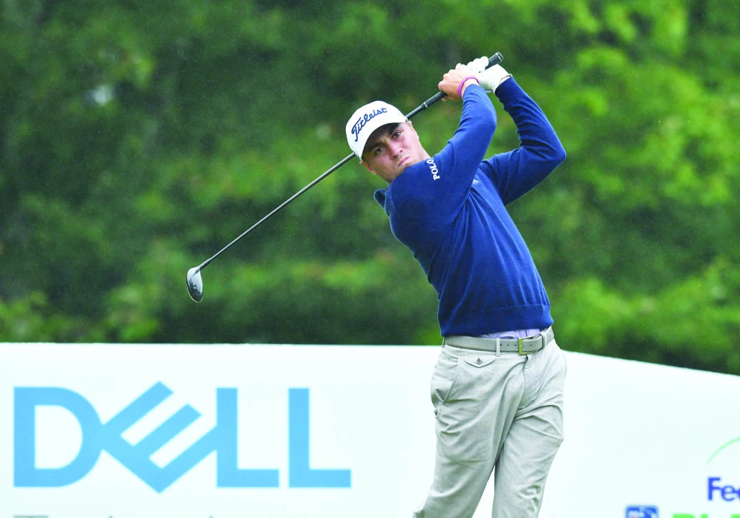 Justin Thomas hits his tee shot on the 17th hole during the third round of the Dell Technologies Championship golf tournament at TPC of Boston on Sunday. (USA TODAY Sports)