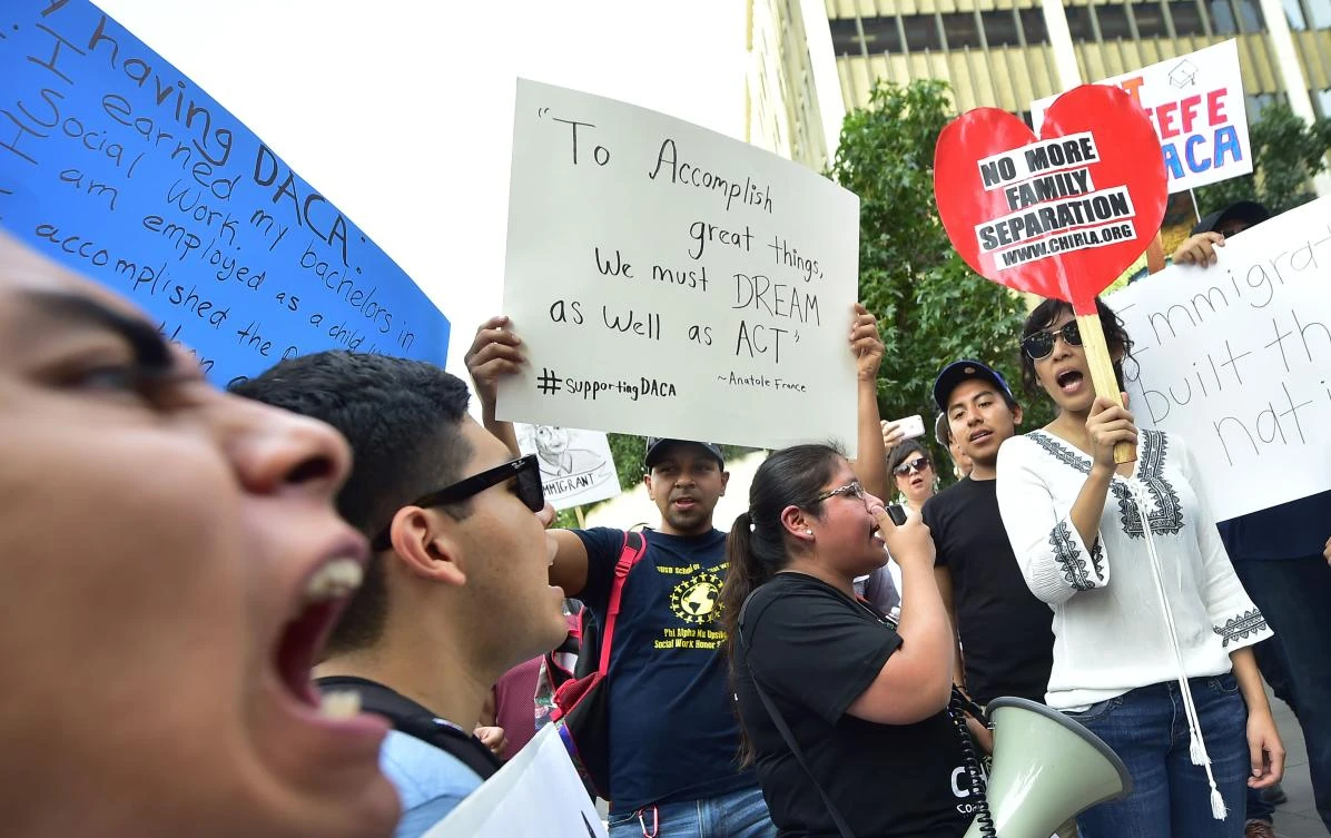 Young immigrants and supporters gather for a rally in support of Deferred Action for Childhood Arrivals (DACA) in Los Angeles, California on September 1, 2017. A decision is expected in coming days on whether US President Trump will end the program by his predecessor, former President Obama, on DACA which has protected some 800,000 undocumented immigrants, also known as Dreamers, since 2012. (AFP)