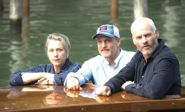 Actors Frances McDormand, from left, Woody Harrelson and director Martin McDonagh pose for photographers upon arrival at the press conference of the film ‘Three Billboards Outside Ebbing, Missouri’ in Venice, Italy. (AP)