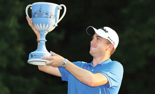 Justin Thomas of the US with the trophy after winning the Dell Technologies Championship at TPC Boston on Monday in Norton, Massachusetts. (AFP)