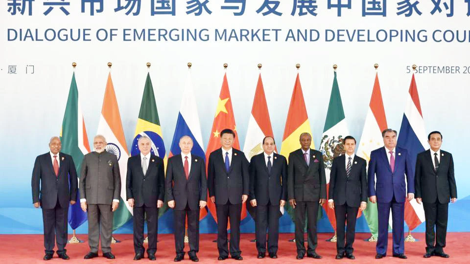 BRICS leaders pose for a group photograph, at the Dialogue of Emerging Markets and Developing Countries, during the 9th BRICS Summit, in Xiamen, China on Tuesday. (AFP)