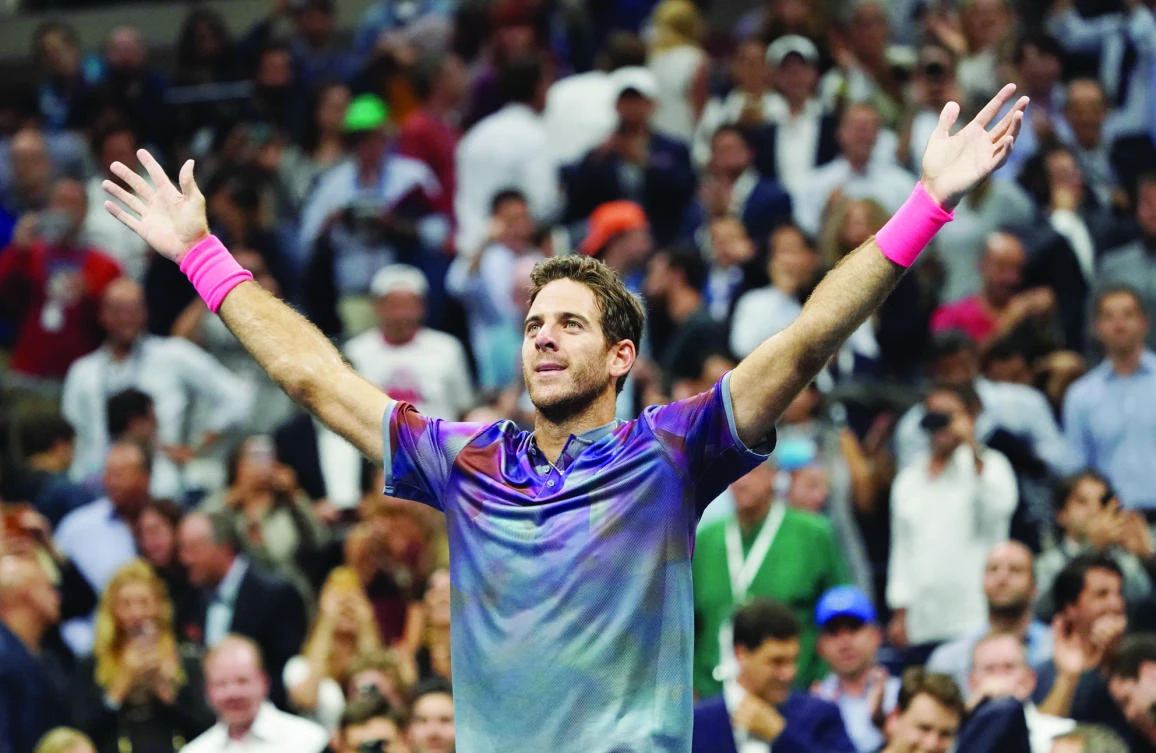 Juan Martin del Potro of Argentina reacts to his victory over Roger Federer of Switzerland during their 2017 US Open Men's Singles quarter finals match at the USTA Billie Jean King National Tennis Center in New York on Wednesday. (AFP)