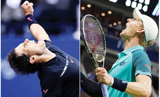 This combination of photos taken on Friday shows Spain’s Rafael Nadal, left, and South Africa’s Kevin Anderson celebrating after winning their 2017 US Open men’s sngles semifinals matches at the USTA Billie Jean King National Tennis Center in New York. (AFP)