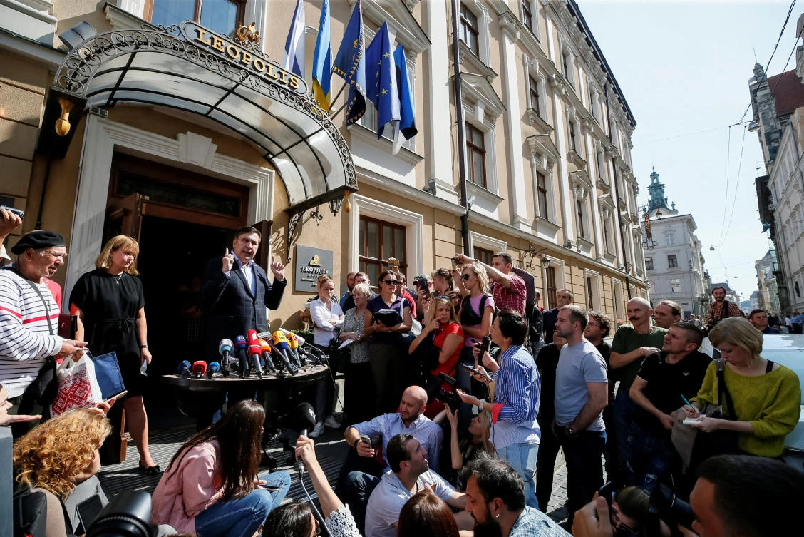 Former Georgian President Mikheil Saakashvili speaks during a press conference in Lviv, Ukraine, on September 11, 2017. (REUTERS)