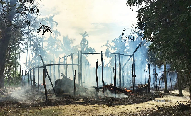 In this Sept. 7, 2017 photo, smoke rises from a burned house in Gawdu Zara village, northern Rakhine state, Myanmar. (AP)