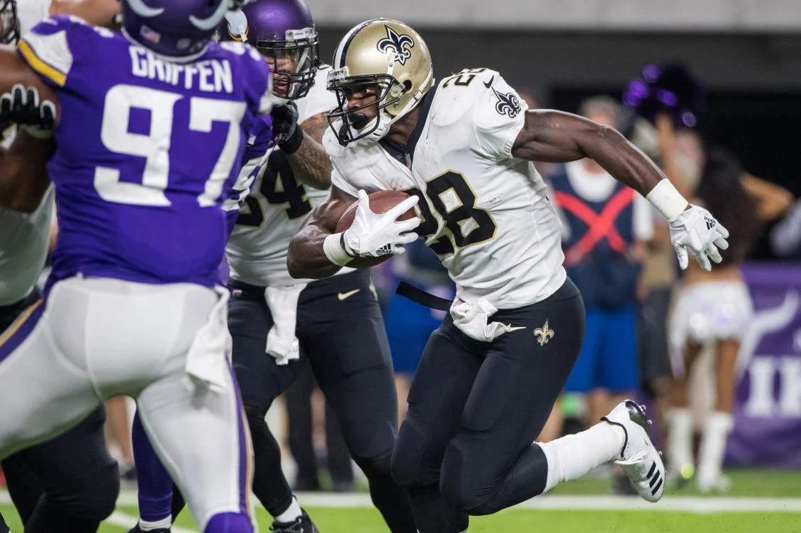 Sep 11, 2017; Minneapolis, MN, USA; New Orleans Saints running back Adrian Peterson (28) carries the ball during the third quarter against the Minnesota Vikings at U.S. Bank Stadium. Mandatory Credit: Brace Hemmelgarn-USA TODAY Sports