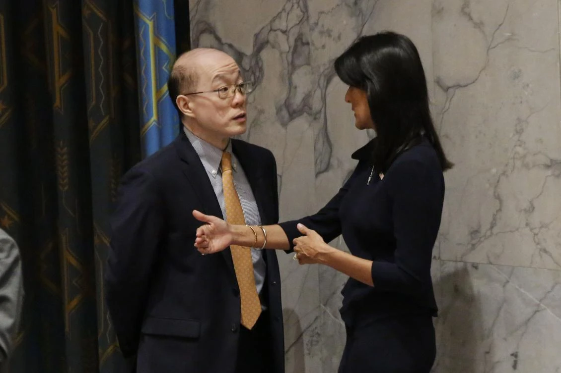 United States Ambassador to the United Nations Nikki Haley (R) speaks with Chinese Ambassador to the United Nations, Liu Jieyi before a UN Security Council emergency meeting over North Korea's latest missile launch. (AFP)