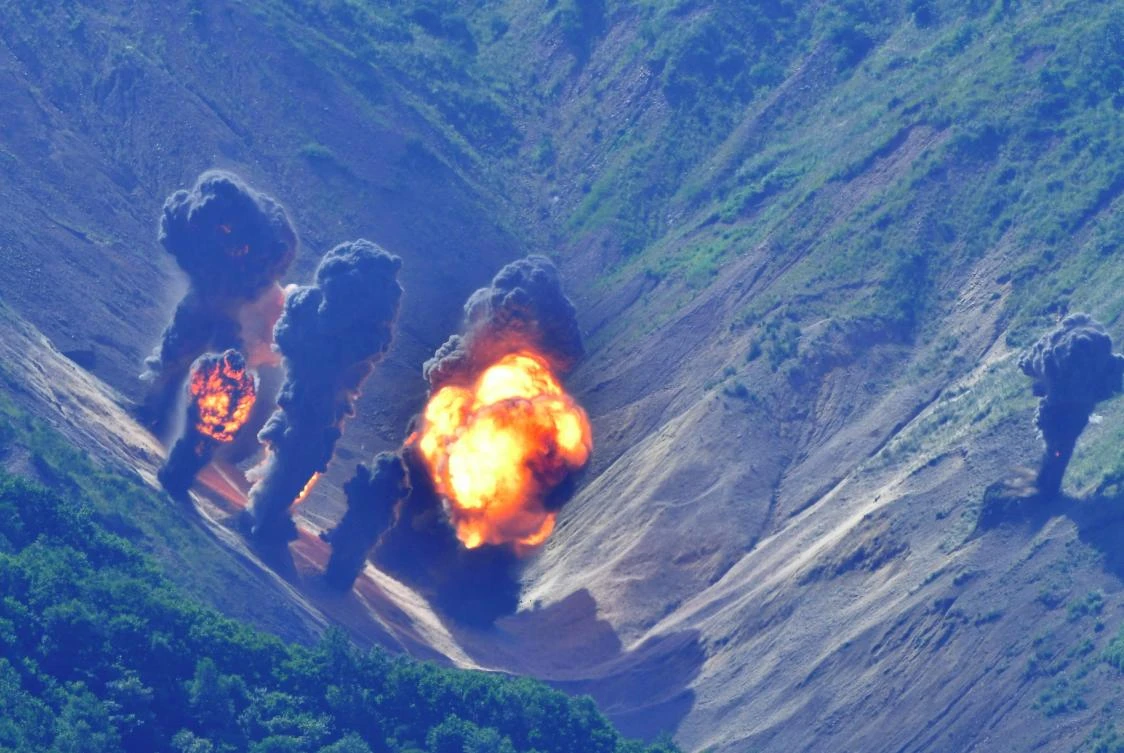 Bombs hit a mock target at a shooting range in Gangwon Province, east of Seoul, during a South Korea-US joint military drill aimed to counter North Korea’s latest missile test. (AFP/South Korean Defence Ministry)