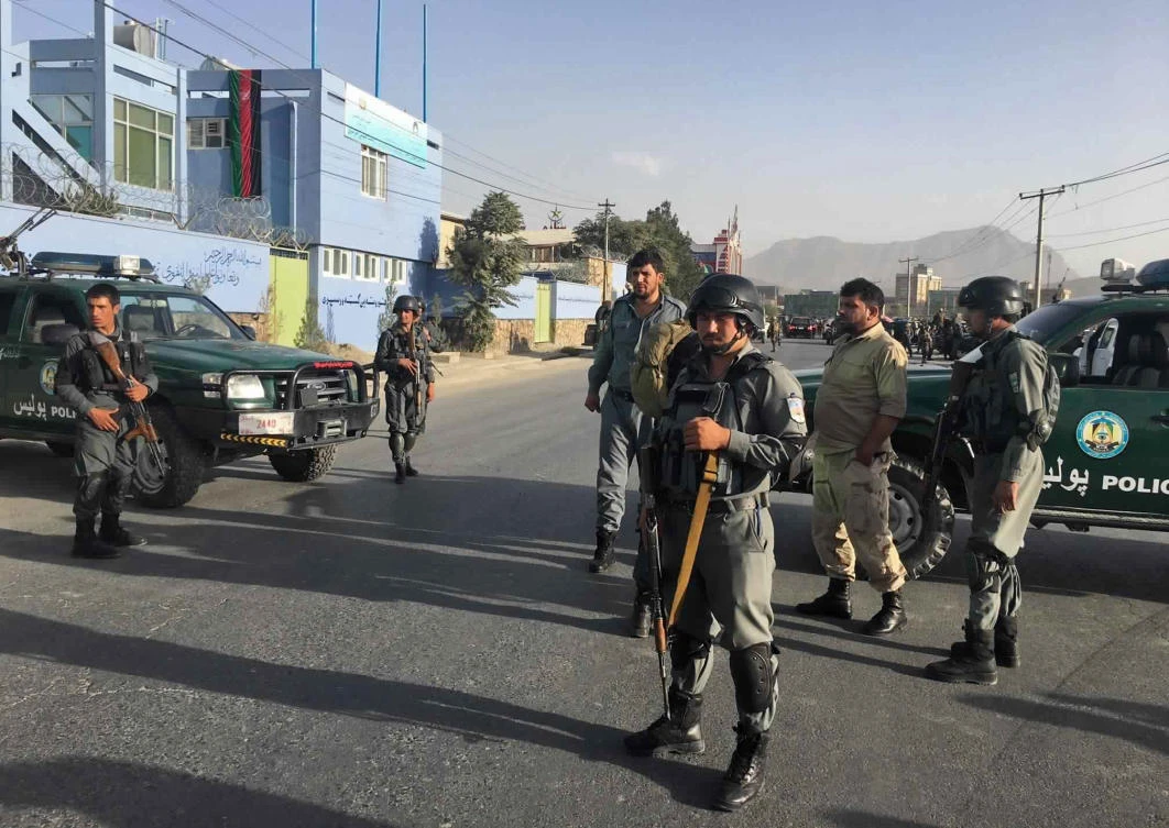 Afghan security police stand guard near the site of a deadly suicide attack outside a cricket stadium, in Kabul, Afghanistan, on Wednesday, September 13, 2017. (AP)