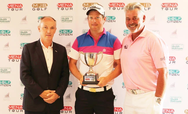 MG Keyser with Darren Clarke, MENA Tour patron, and Chris May, CEO of Dubai Golf, at Dubai Creek Golf and Yacht Club. (AN photo)