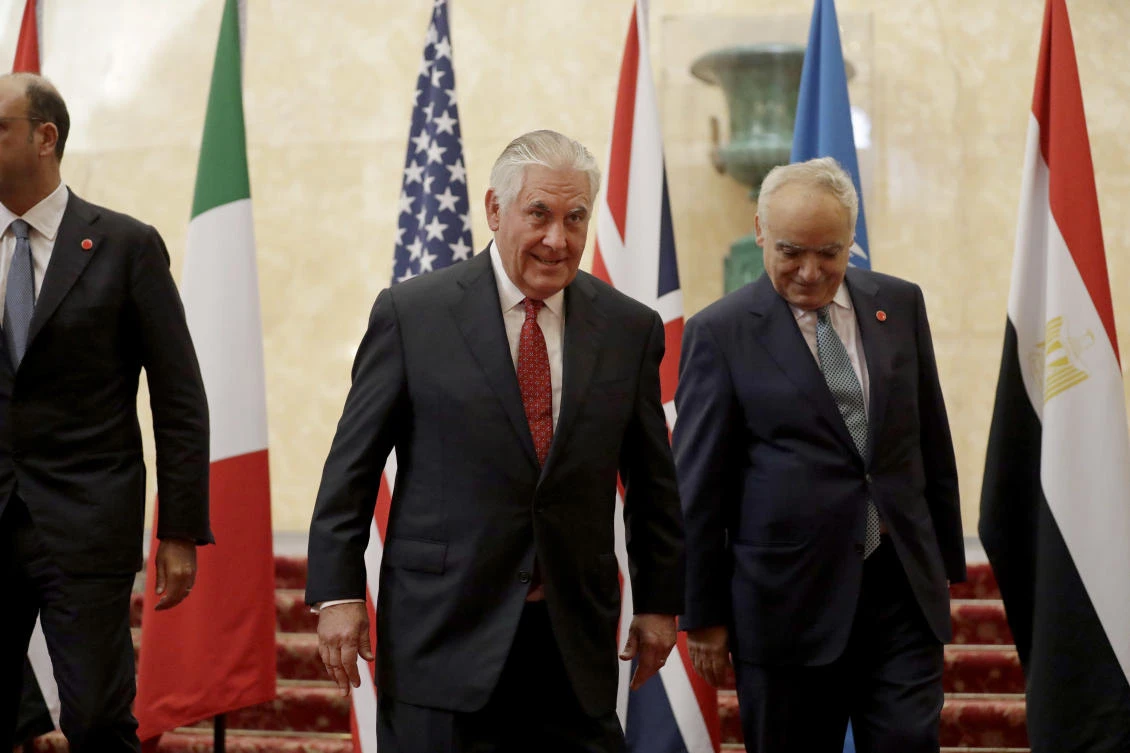 US Secretary of State Rex Tillerson with UN Special Representative Ghassan Salame during their meeting on Libya in London on Thursday. (AP)