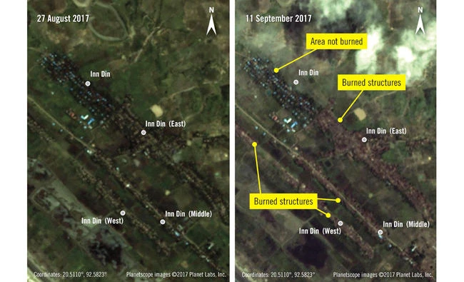 These satellite images courtesy, with analysis and annotations by Amnesty International, show the area of Inn Din (Aan Daang), Myanmar, on August 27, 2017, (L) and on September 11, 2017, (R). According to Amnesty, the before and after images show the areas allegedly burned by the Myanmar military. (AFP PHOTO / http://www.planet.com)