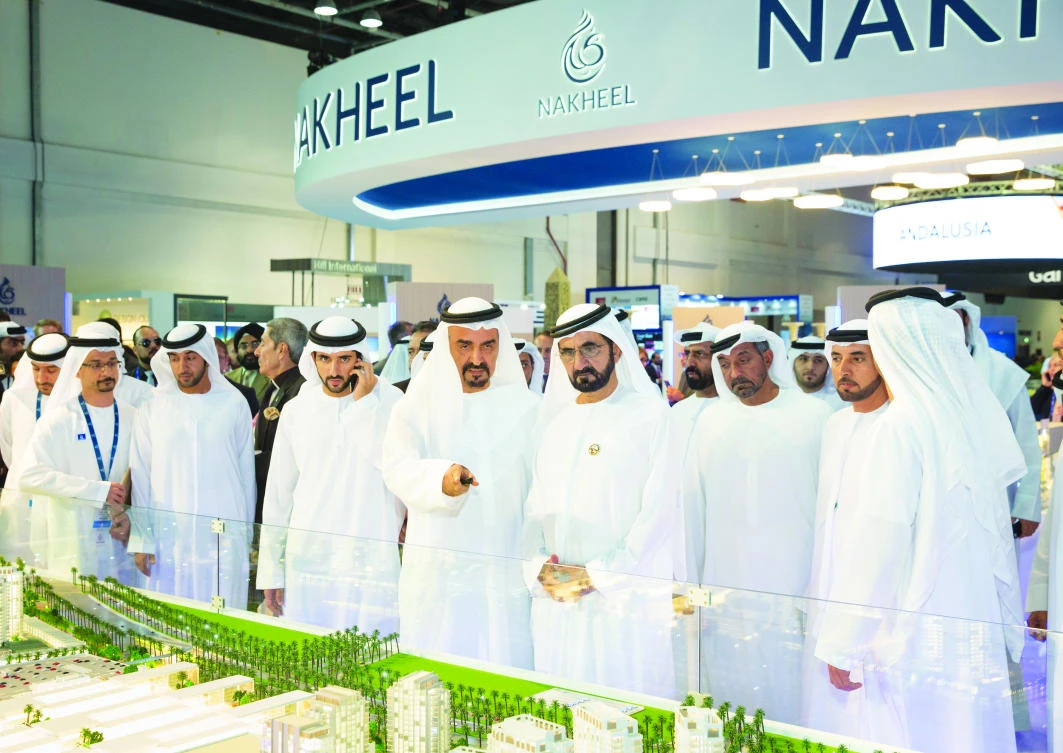 Dubai ruler Sheikh Mohammed bin Rashid Al-Maktoum talks to Nakheel chairman Ali Rashid Lootah at the Cityscape Global property exhibition in Dubai. (Photo courtesy of Nakheel)