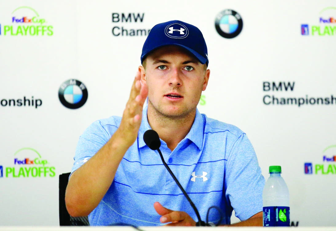 Jordan Spieth answers a question during a press conference for the BMW Championship golf tournament at Conway Farms Golf Club Wednesday in Lake Forest, Ill. (AP)