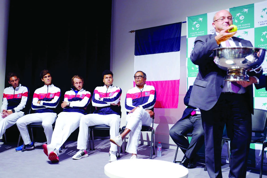 French players, from left, Nicolas Mahut, Pierre Hugues Herbert, Lucas Pouille, Jo-Wilfried Tsonga and Captain Yannick Noah attend the draw for the Davis Cup semifinal at the Pierre Mauroy stadium in Lille, northern France, Thursday. (AP)