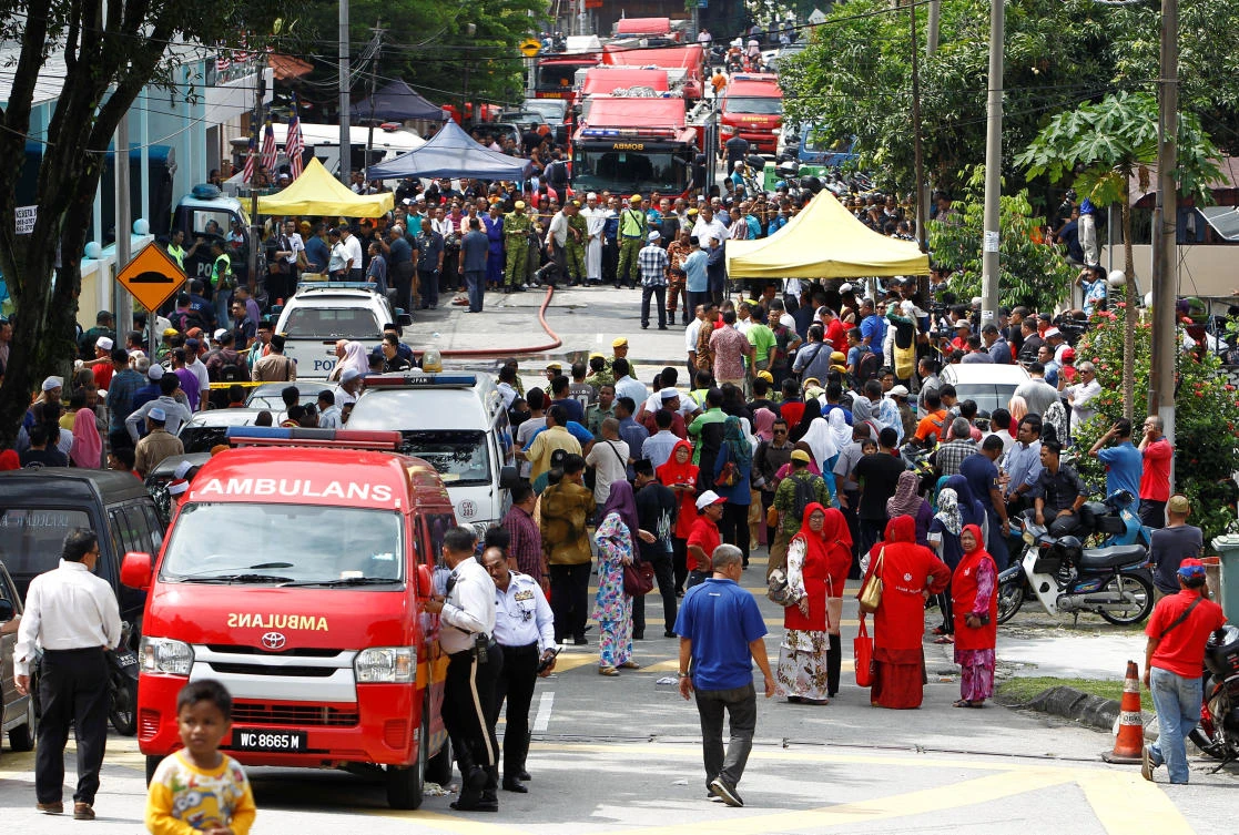 Darul Qur’an Ittifaqiyah in Kuala Lumpur is cordoned off after a fire broke out in the religious school. (Reuters)