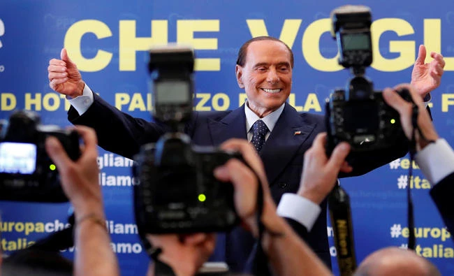 Forza Italia leader Silvio Berlusconi waves at the end of European People’s Party (EPP) meeting in Fiuggi, Italy, on Sunday. (Reuters)
