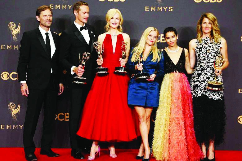 Jeffrey Nordling, Alexander Skarsgard, Nicole Kidman, Reese Witherspoon, Zoe Kravitz, Laura Dern pose with their Emmy trophies for Outstanding Limited Series for Big Little Lies. (Reuters)