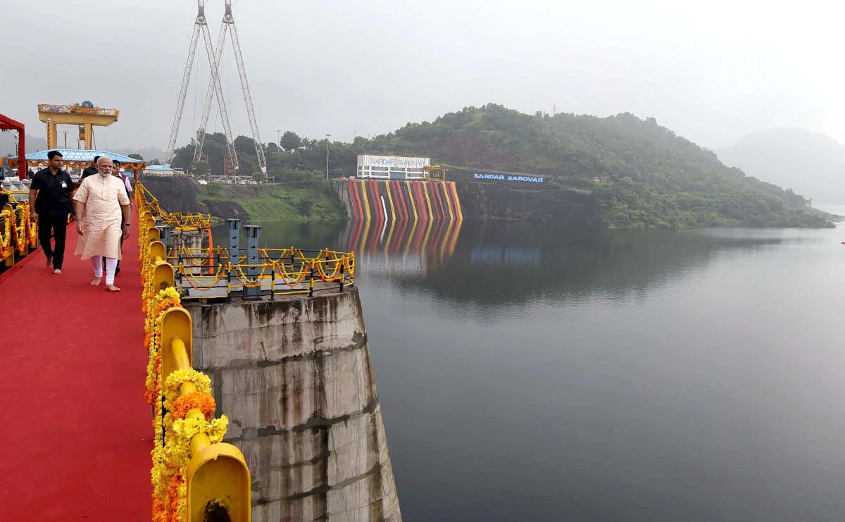 Indian Prime Minister Narendra Modi at the inauguration of Sardar Sarovar Dam, the country’s largest dam, on Sunday. (AFP)